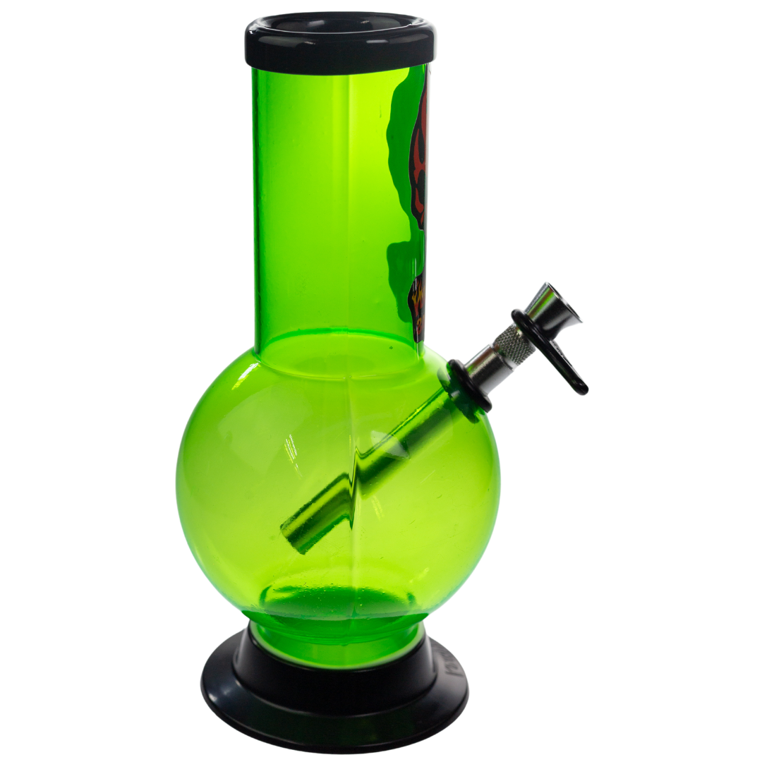 Side right view of a lime green Headway Designs bubble water pipe. It features a bubble base chamber, which assists in air circulation. - Up N Smoke.