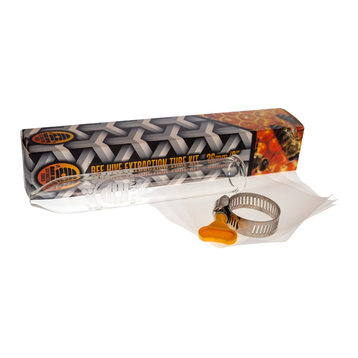 Front view of a Bee Hive Extraction Tube Kit by Bee Hive Extraction Tubes. This includes a glass tube, a butterfly hose clamp and three screens. - Up N Smoke.