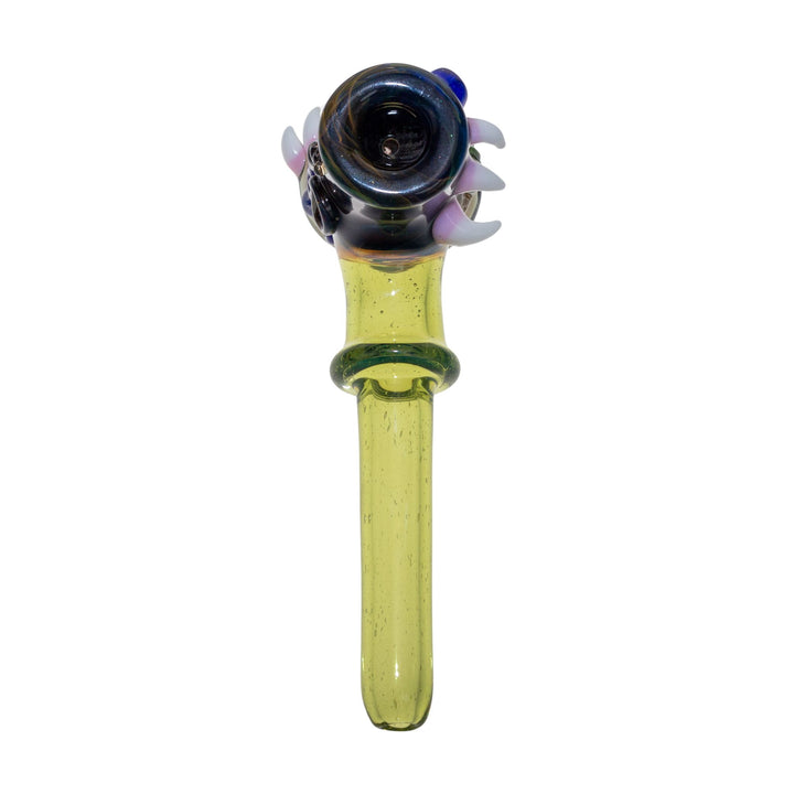 Top down view of a King Leo hammer. This piece is handmade in the United States. This glass piece features sculpted eyes and teeth. - Up N Smoke.