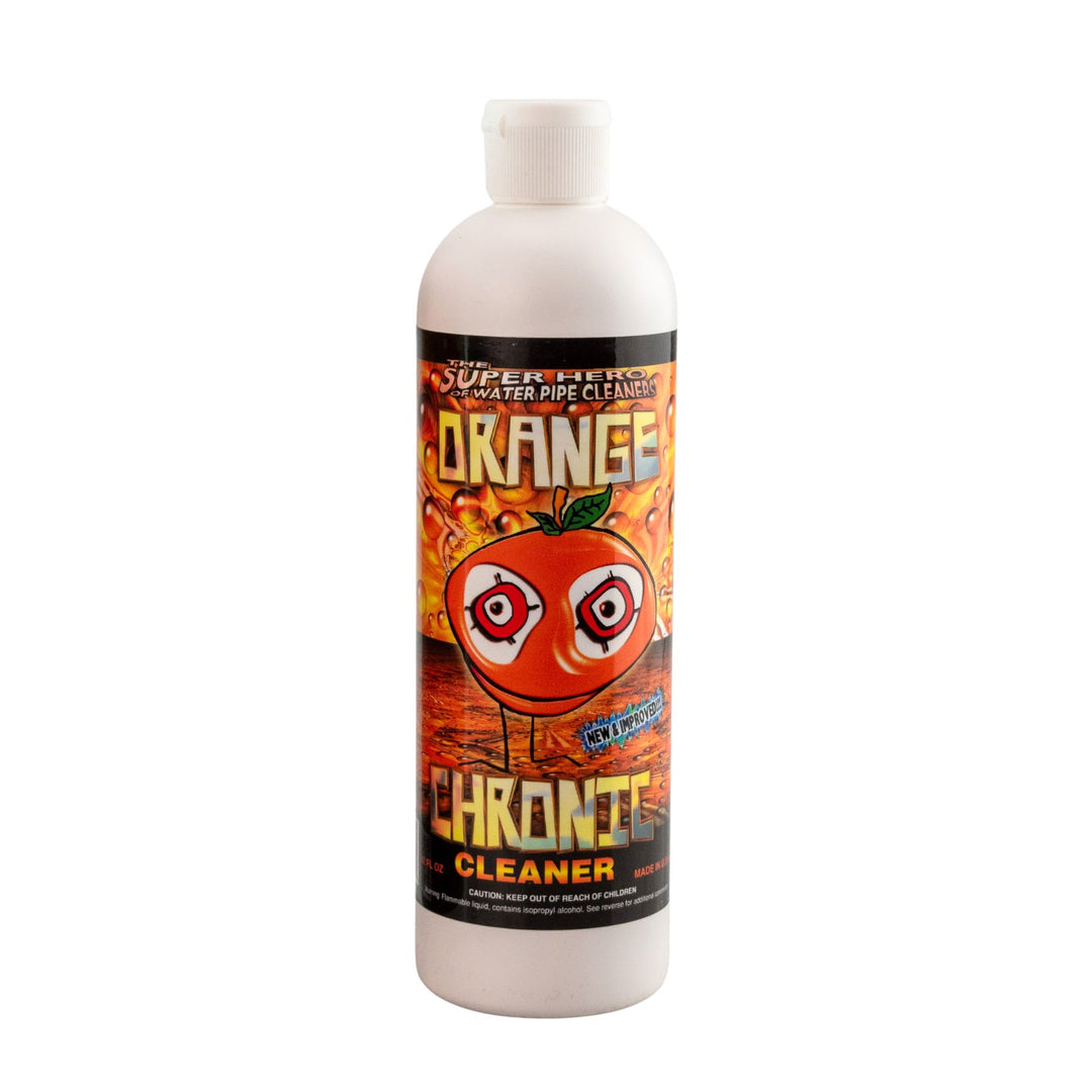 "Front of a 12oz Orange Chronic Cleaner that is used to clean water pipes on a white background," - Up N Smoke.