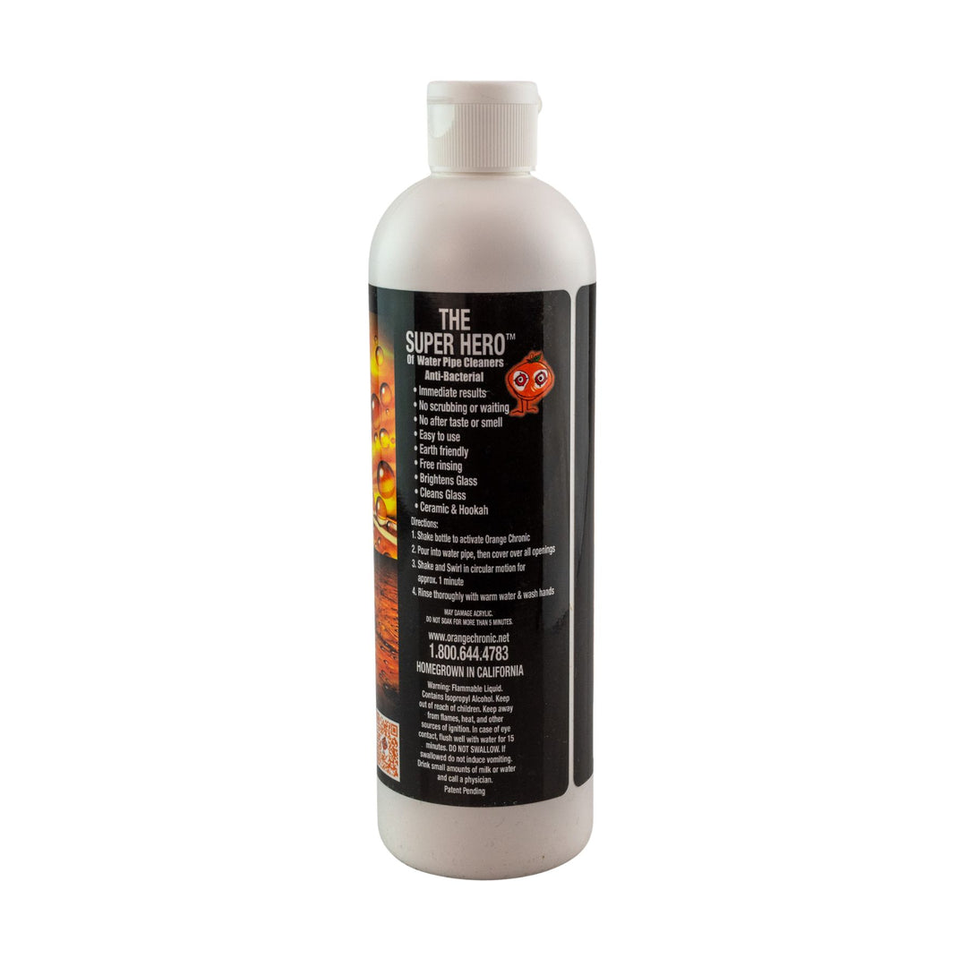 "Back label of a 12oz Orange Chronic Cleaner bottle on a white background," - Up N Smoke.