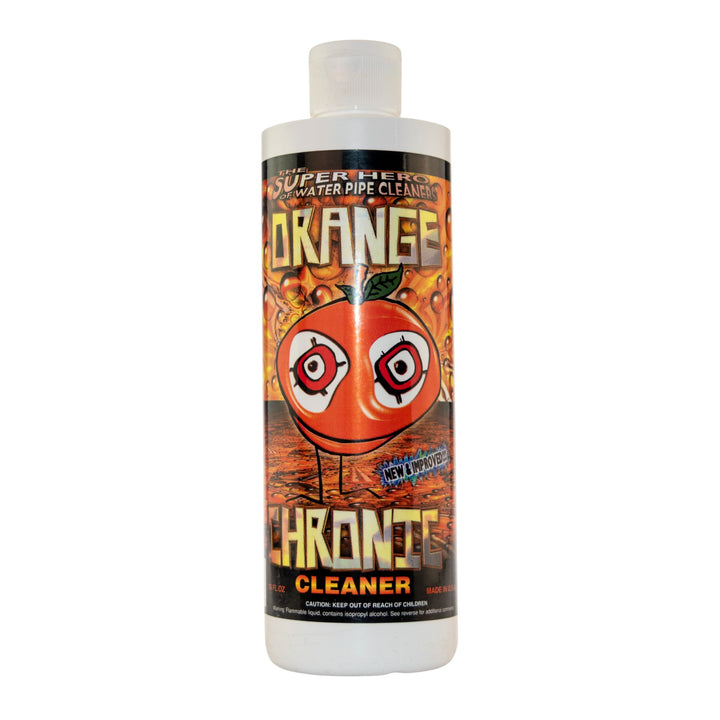 "Front of a 16oz Orange Chronic Cleaner on a white background," - Up N Smoke.