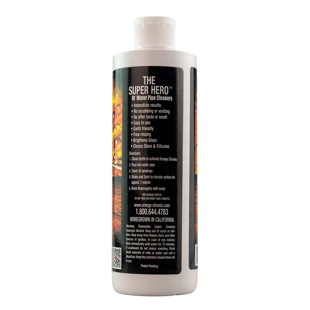 "Back label of a 16oz Orange Chronic Cleaner on a white background," - Up N Smoke.