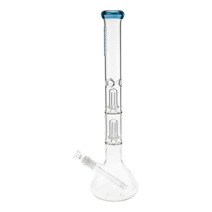 KV 50mmX20” Double Showerhead Beaker Water Pipe blue color displayed on a white background side angle - Up N Smoke