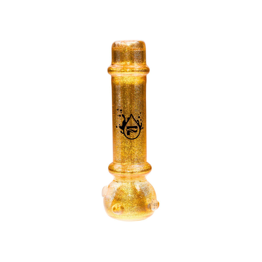 "A yellow/gold Pulsar glycerin glitter chillum with a cylindrical shape and a flared base. The chillum showcases a shimmering glitter design within the glycerin-filled body, creating a striking visual effect. The black Pulsar logo is clearly visible on the front. This chillum is crafted to provide a smooth and cool smoking experience." - Up N Smoke.