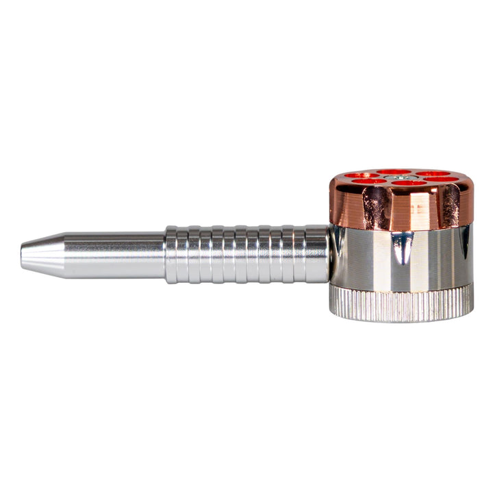 Six-Shooter Hand Pipe on a white background side angle - Up N Smoke