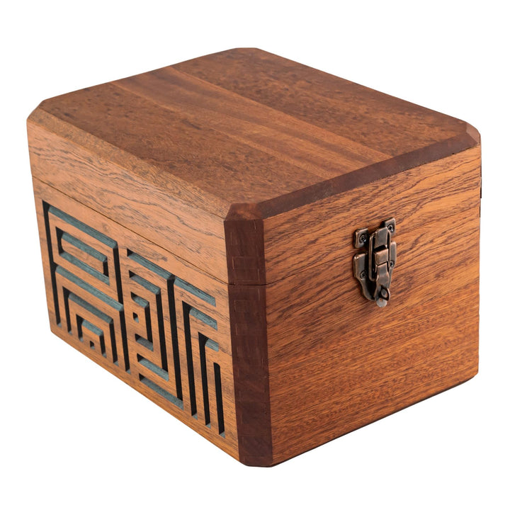 "Side angle of the wooden storage box that comes with an AJ Roberts Wig Wag Drum Set heady glass piece on a white background," - Up N Smoke.