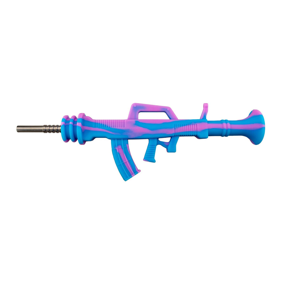 "Left-side of an AK-47 Silicone Nectar Collector in the colors blue and purple," - Up N Smoke.