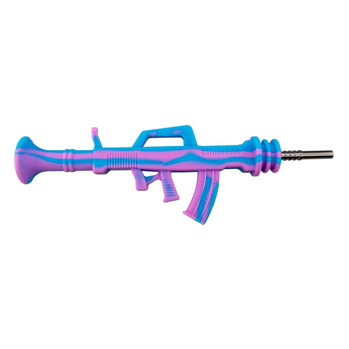 "Right-side of a blue and purple dab straw in the shape of an AK-47 with a removable grade 2 titanium tip," - Up N Smoke.