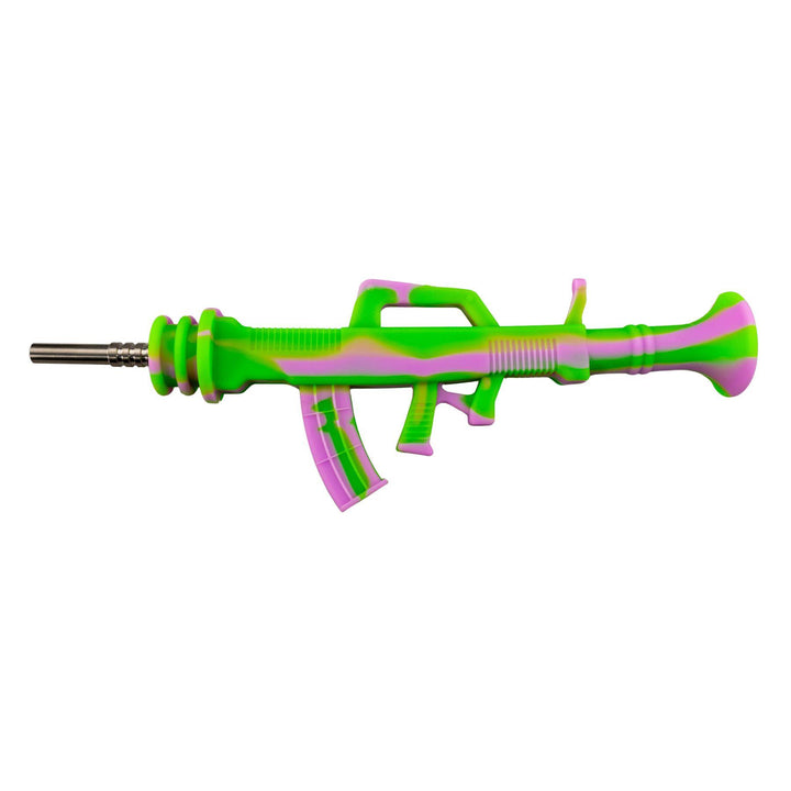 "Left-side of an AK-47 Silicone Nectar Collector in the colors green and pink," - Up N Smoke.