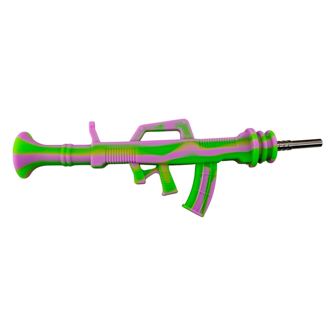 "Right-side of a green and pink dab straw in the shape of an AK-47 with a removable grade 2 titanium tip," - Up N Smoke.
