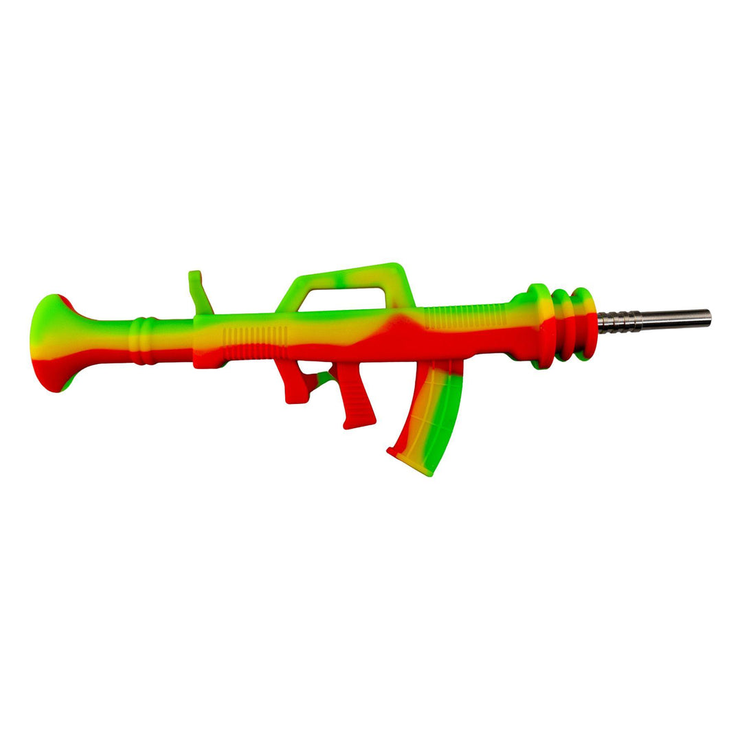 "Right-side of a rasta-colored dab straw in the shape of an AK-47 with a removable grade 2 titanium tip," - Up N Smoke.
