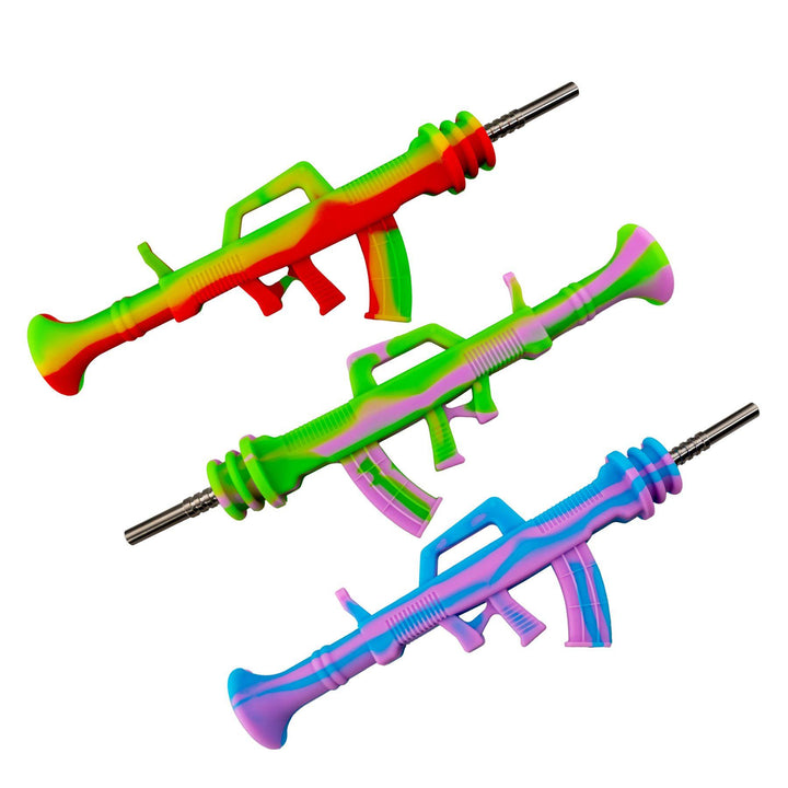 "Three colorful AK-47 Silicone Nectar Collectors in rasta, green-pink, and blue-purple on a white background," - Up N Smoke.