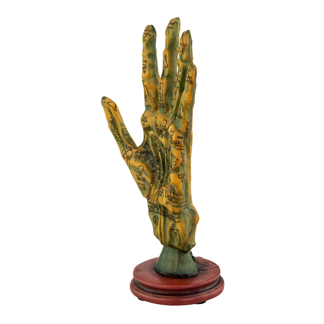 "Decorative hand sculpture with astrological symbols on a white background," - Up N Smoke.