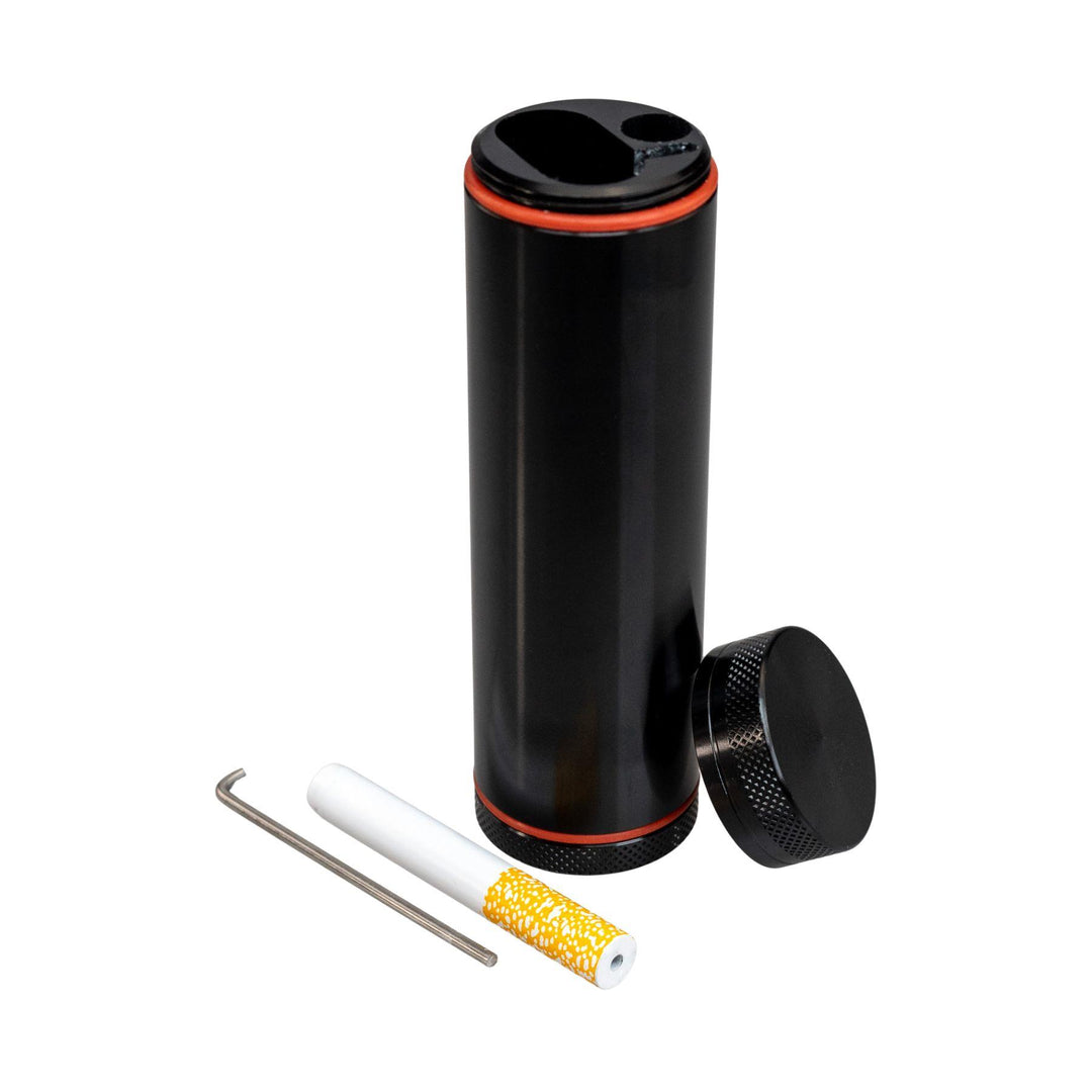 "All In One Cylinder Dugout with its cap unscrewed and one-hitter and picking tool off to the side," - Up N Smoke.
