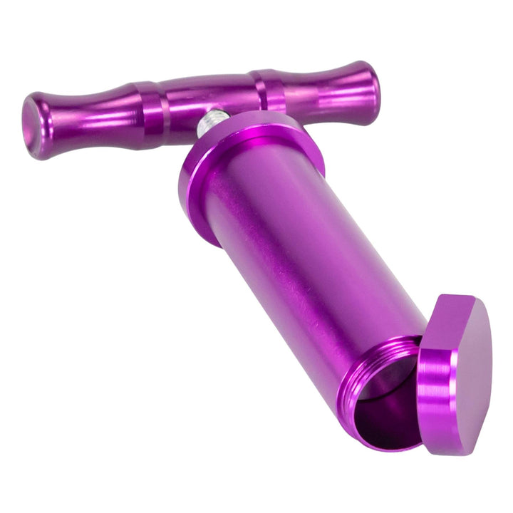 Aluminum Pollen Press compacting purple color, bottom lid removed- Up N Smoke