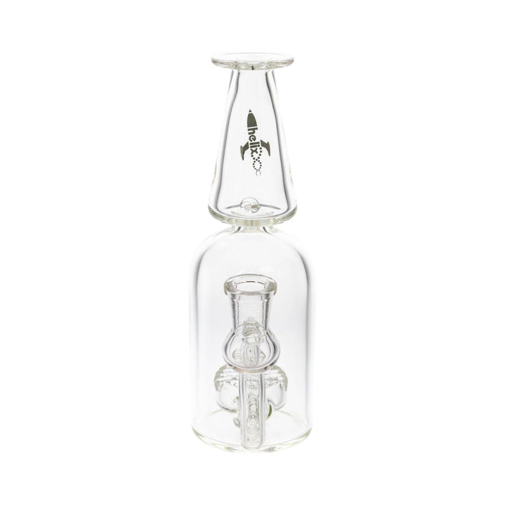 "Front of an American Helix Bottle Rocket Bubbler with a black logo decal near the mouthpiece on a white background," - Up N Smoke.