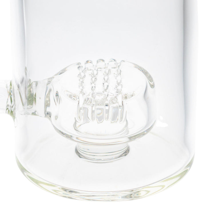 "Close-up of the waffle percolator within an American Helix Bottle Rocket Bubbler on a white background," - Up N Smoke.