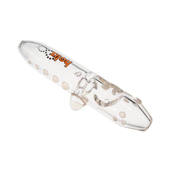"Diagonal American Helix Classic Steamroller with an orange logo decal and decorative white glass beads on a white background," - Up N Smoke.