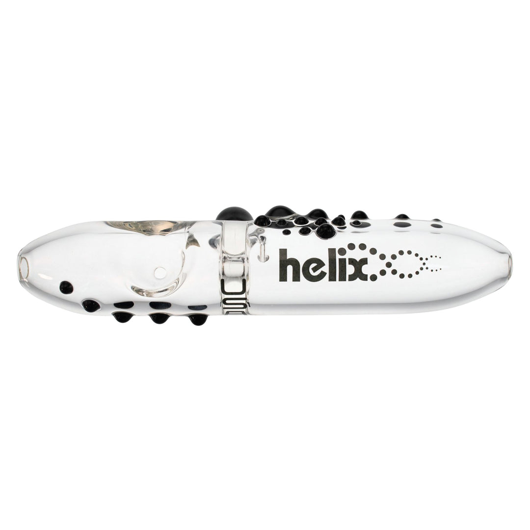 "Top-down view of a large American Helix Steamroller with a black logo decal near the mouthpiece and decorative black glass beads along the body of the piece," - Up N Smoke.