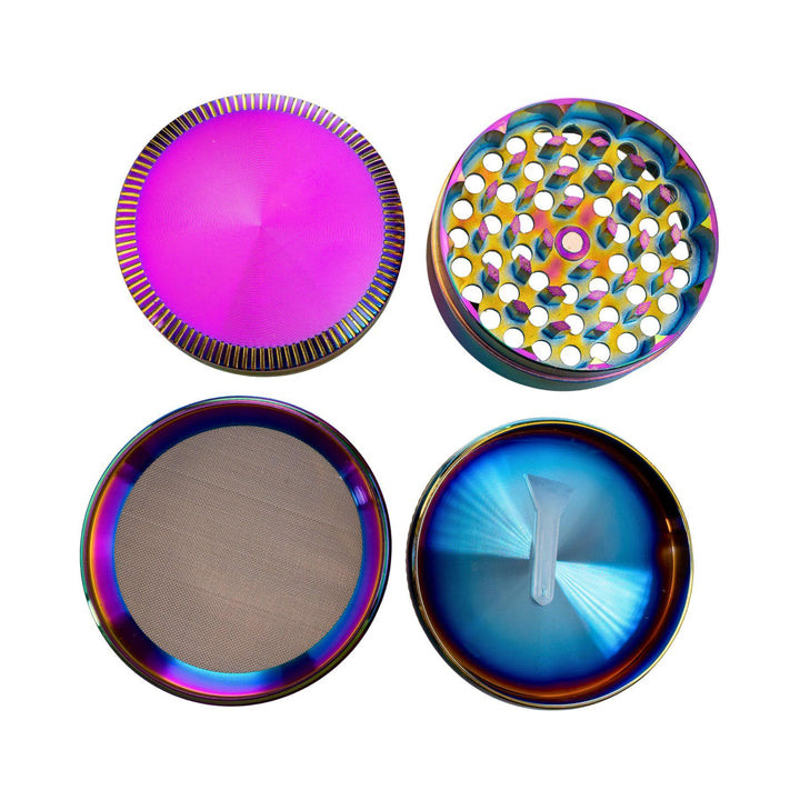 "Four-pieces of an Anodized Grinder separated to showcase the compartments on as white background," - Up N Smoke.