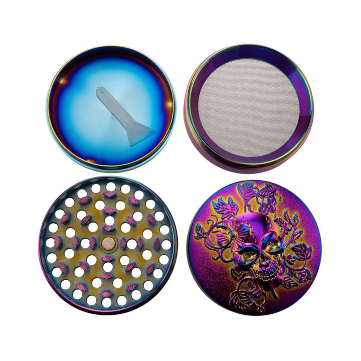 "Top-down view of the four separate compartments within an Anodized Skull Grinder," - Up N Smoke.