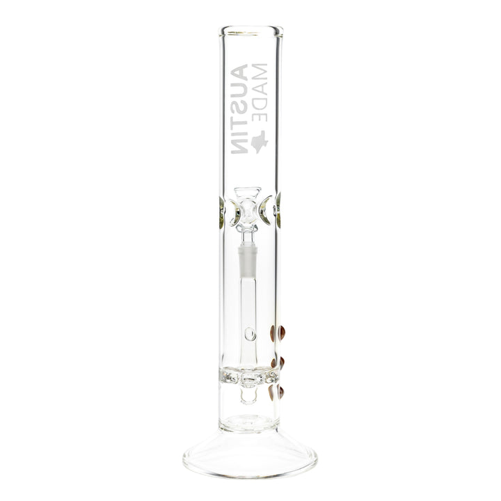 Austin Made 13” Straight Tube Ratchet Perc on a white background back facing angle - Up N Smoke