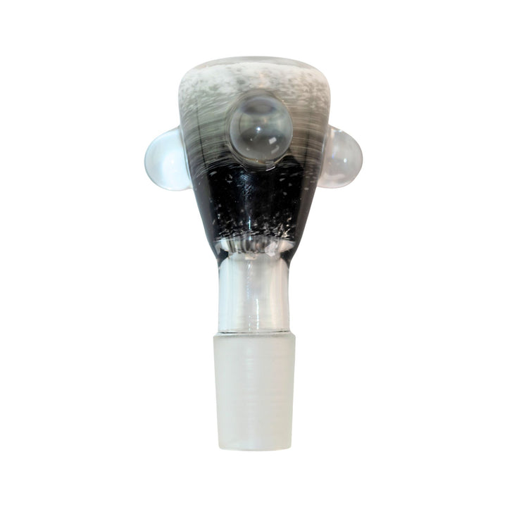 "Black with white Bam Bam Glass 18/19mm Frit Bowl on a white background," - Up N Smoke.