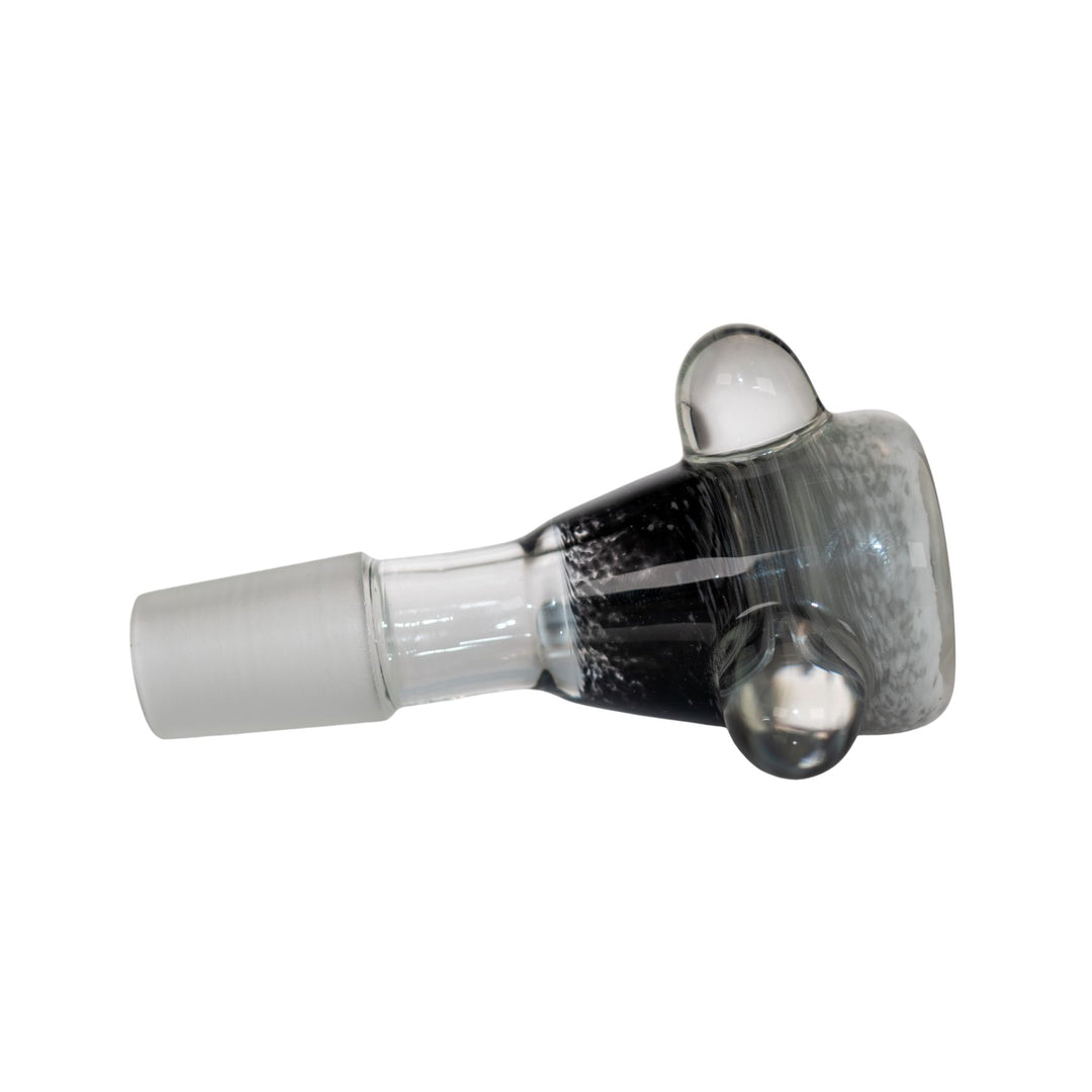 "Right side of a black with white Bam Bam Glass Frit Bowl on a white background," - Up N Smoke.