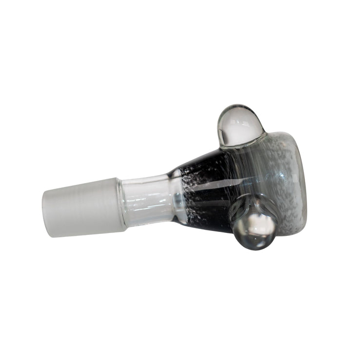 "Right side of a black with white Bam Bam Glass Frit Bowl on a white background," - Up N Smoke.