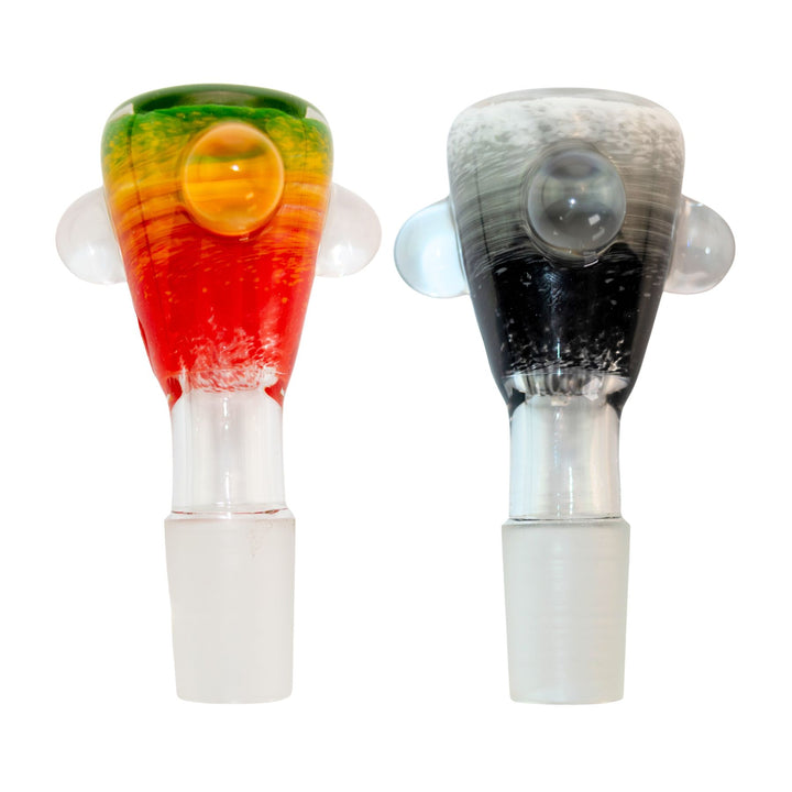 "Two Bam Bam Glass 18/19mm Frit Bowls in the color variations rasta and black with white," - Up N Smoke.