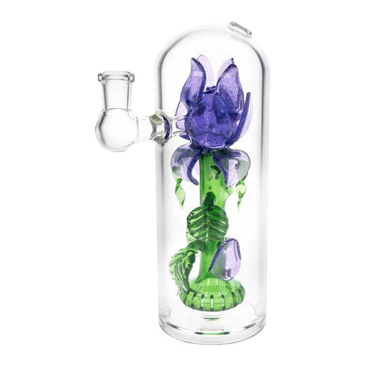 "Ornate functional art piece by Charli Glass, that features a handblown purple glass rose within a cloche," - Up N Smoke.
