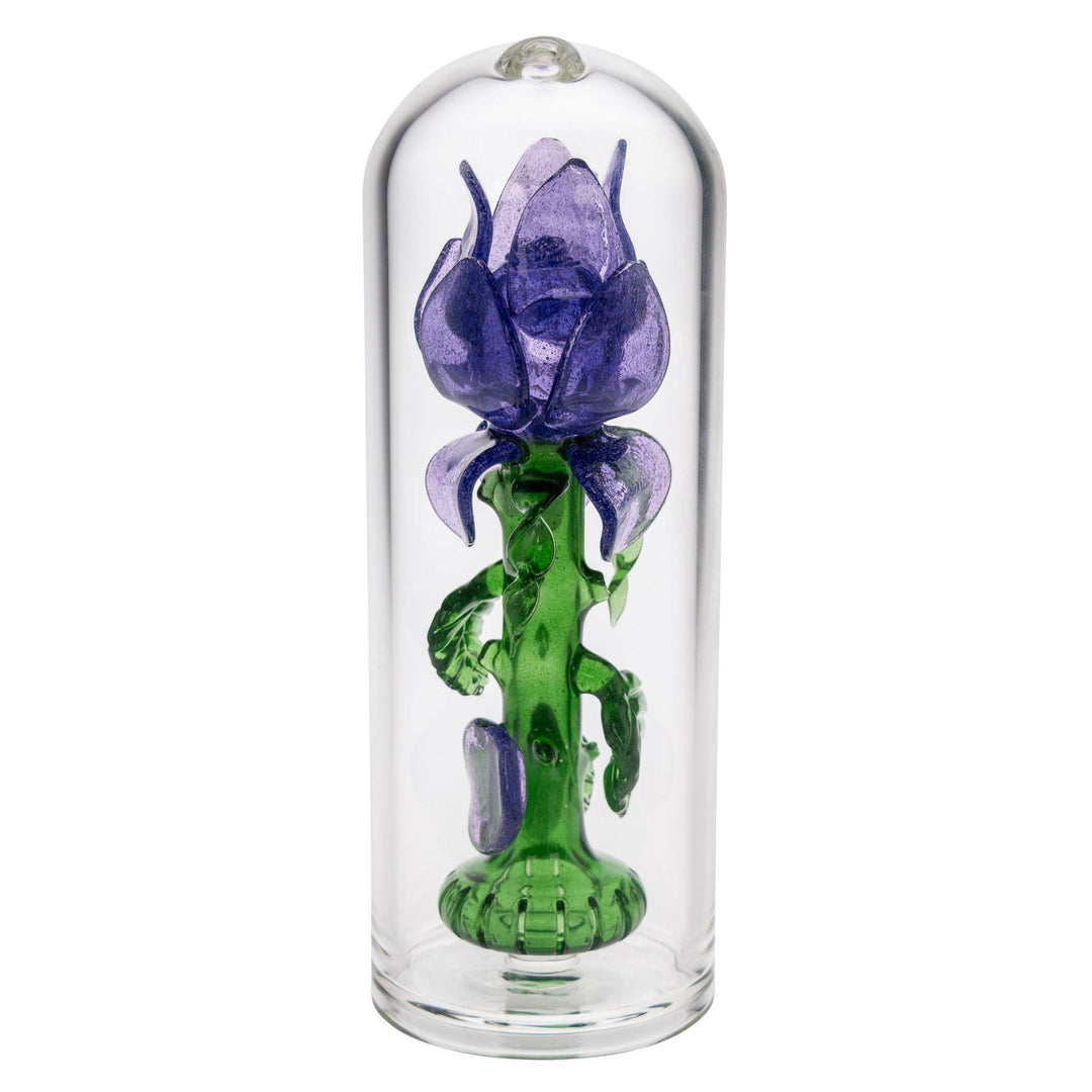 "Backside of a Beauty & Beast Rose Rig handblown by Charli Glass on a white background," - Up N Smoke.