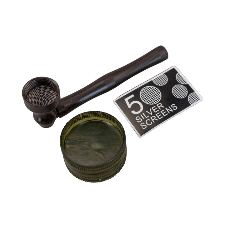 "Black D&K Woodgrain Metal Pipe with a two-piece grinder and a package of five silver screens," - Up N Smoke.