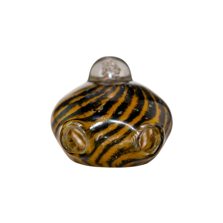 "Side view of the top of a black with yellow Merican Glass Opal Spiral Pendant on a white background," - Up N Smoke.