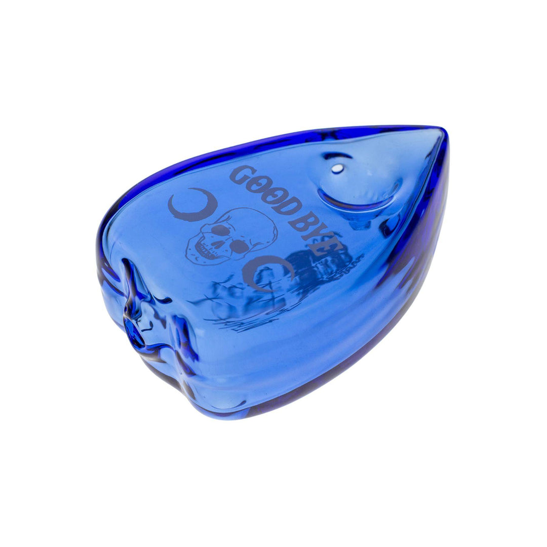 Opaque Blue Planchette Shaped Hand pipe adorned with a grey design with a skull and "Goodbye" - Up N Smoke