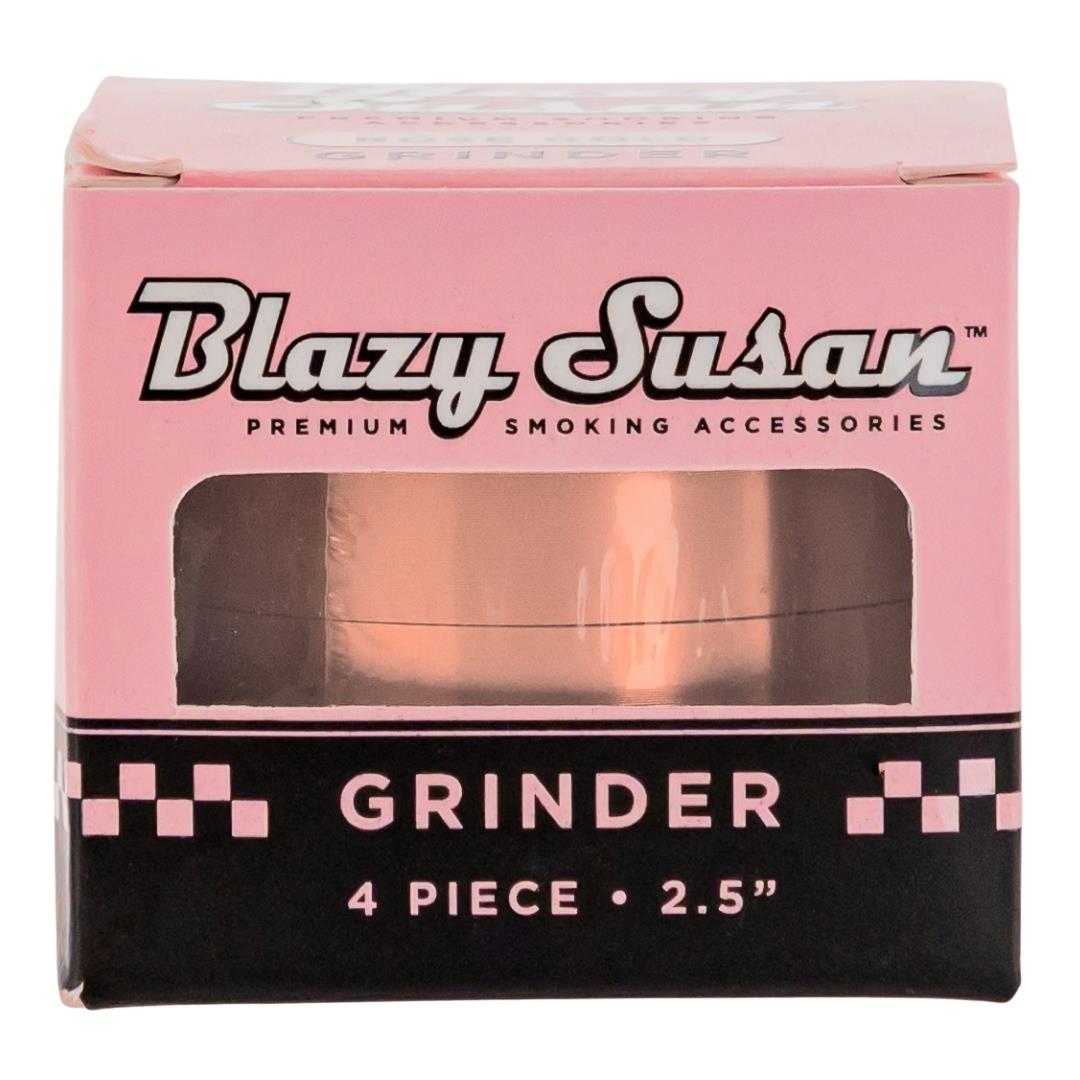 Blazy Susan 4 Piece Rose Gold Grinder showcasing front of packaging displayed on a white background - Up N Smoke