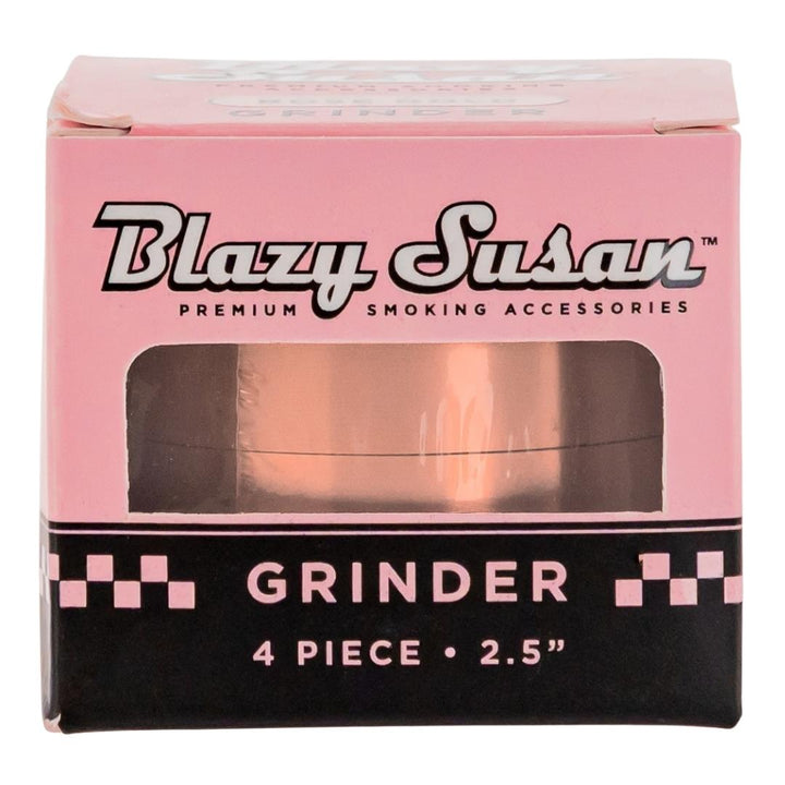 Blazy Susan 4 Piece Rose Gold Grinder showcasing front of packaging displayed on a white background - Up N Smoke