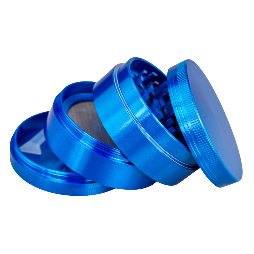 "Blue Classic 4-Piece Grinder with its compartments separated and stacked upon one another," - Up N Smoke.