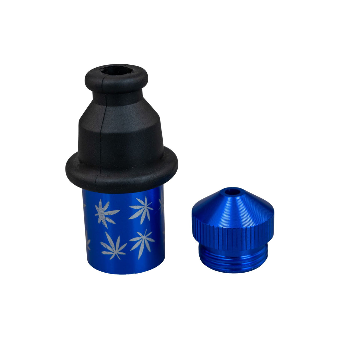 "Blue Leaf Bullet Pipe with the front compartment removed and placed to the left of the smoking device," - Up N Smoke.