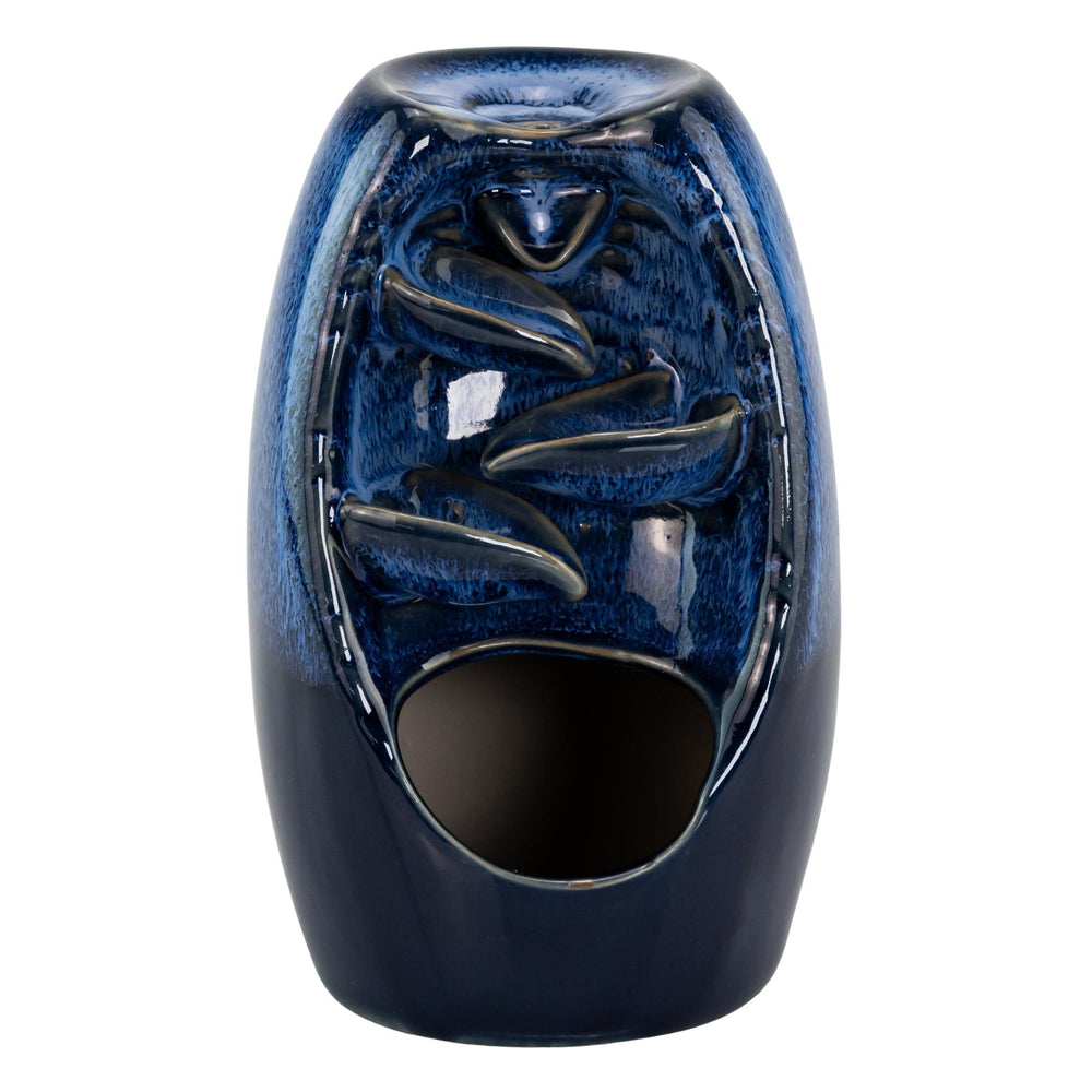"Blue ceramic backflow incense burner on a white background," - Up N Smoke.