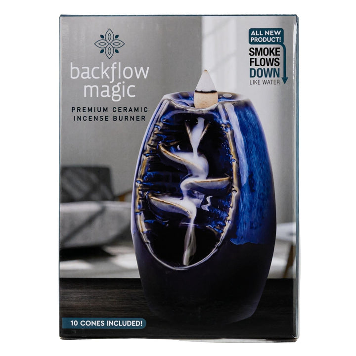 "Backflow Magic premium ceramic incense burner packaging with product image and branding," - Up N Smoke.