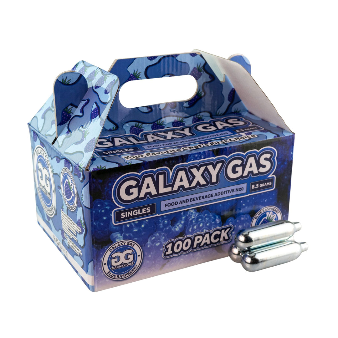 "Side angle of a 100ct Galaxy Gas Blue Raspberry with three cartridges in front on a white background," - Up N Smoke.