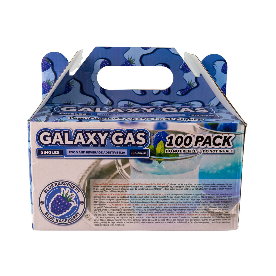 "Back of a 100ct Galaxy Gas Blue Raspberry on a white background," - Up N Smoke.
