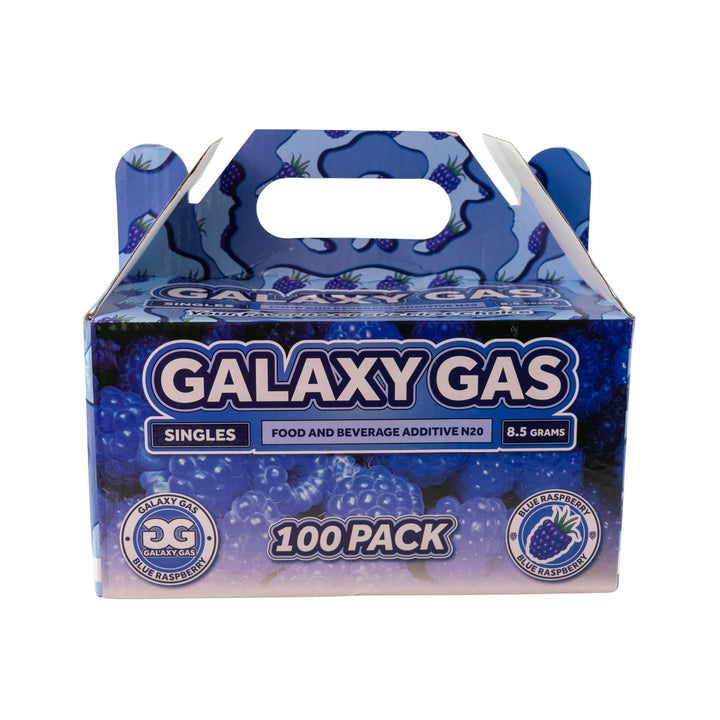 "Box of a 100ct Blue Raspberry Galaxy Gas on a white background," - Up N Smoke.