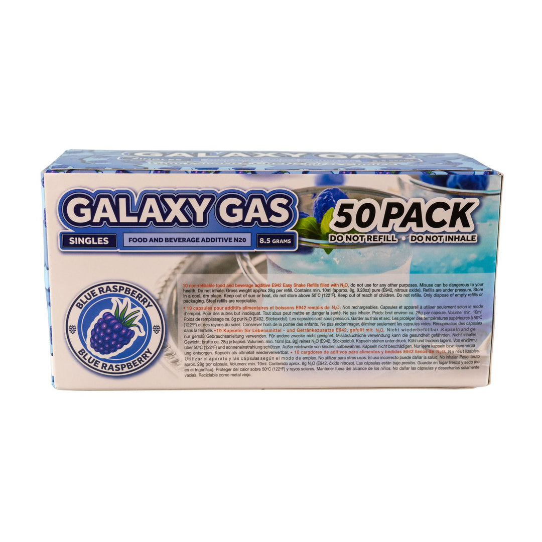 "50-pack box of Galaxy Gas blue raspberry flavor on a white background," - Up N Smoke.