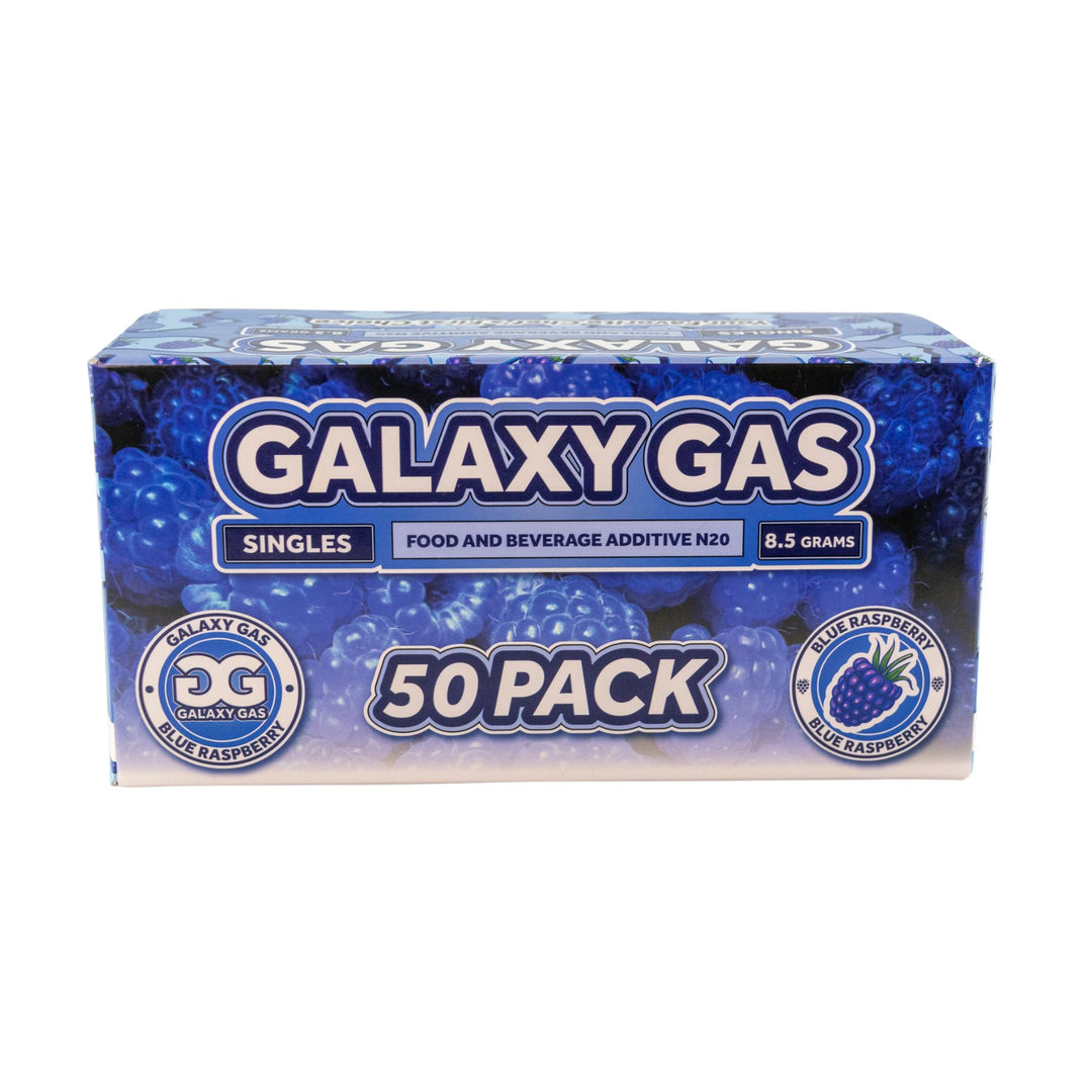 "Box of Galaxy Gas blue raspberry-flavored nitrous oxide on a white background," - Up N Smoke.