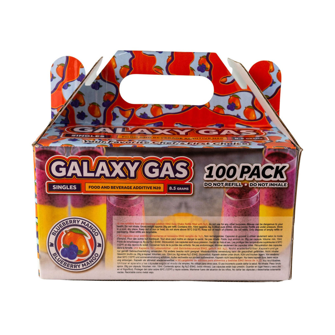 "Back of a 100ct box of Blueberry Mango Galaxy Gas on a white background," - Up N Smoke.
