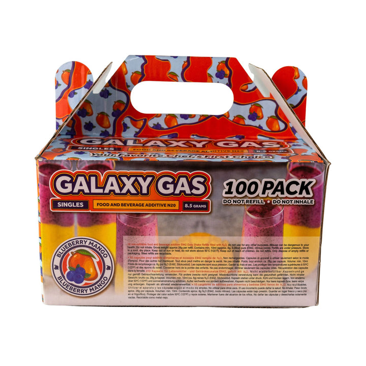 "Back of a 100ct box of Blueberry Mango Galaxy Gas on a white background," - Up N Smoke.