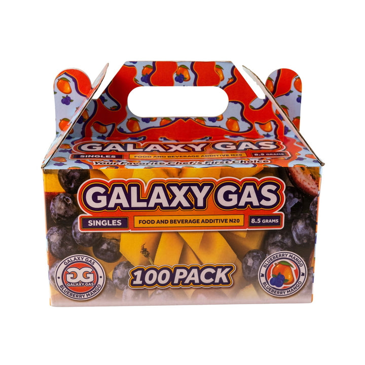 "Front of a 100ct box of Blueberry Mango Galaxy Gas on a white background," - Up N Smoke.